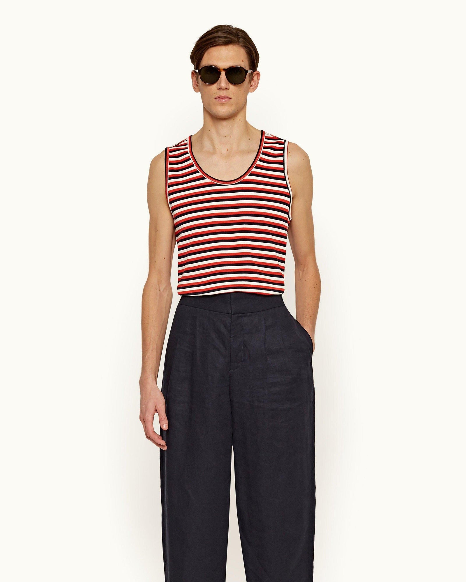 Cherbury Ink/Summer Red/White Sand Stripe Sleeveless Cotton T-shirt | Ink/Summer Red/White Sand