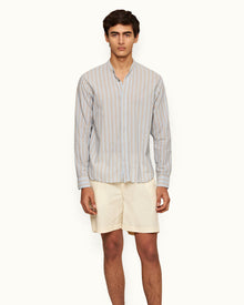 Island Sky/White Grandad Collar Stripe Cotton Shirt | Island Sky/White