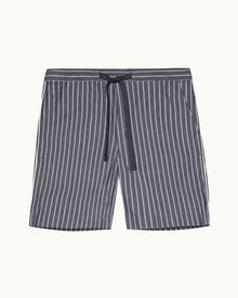 Midnight Navy Pinstripe Relaxed Fit Cotton Lounge Shorts | Midnight Navy