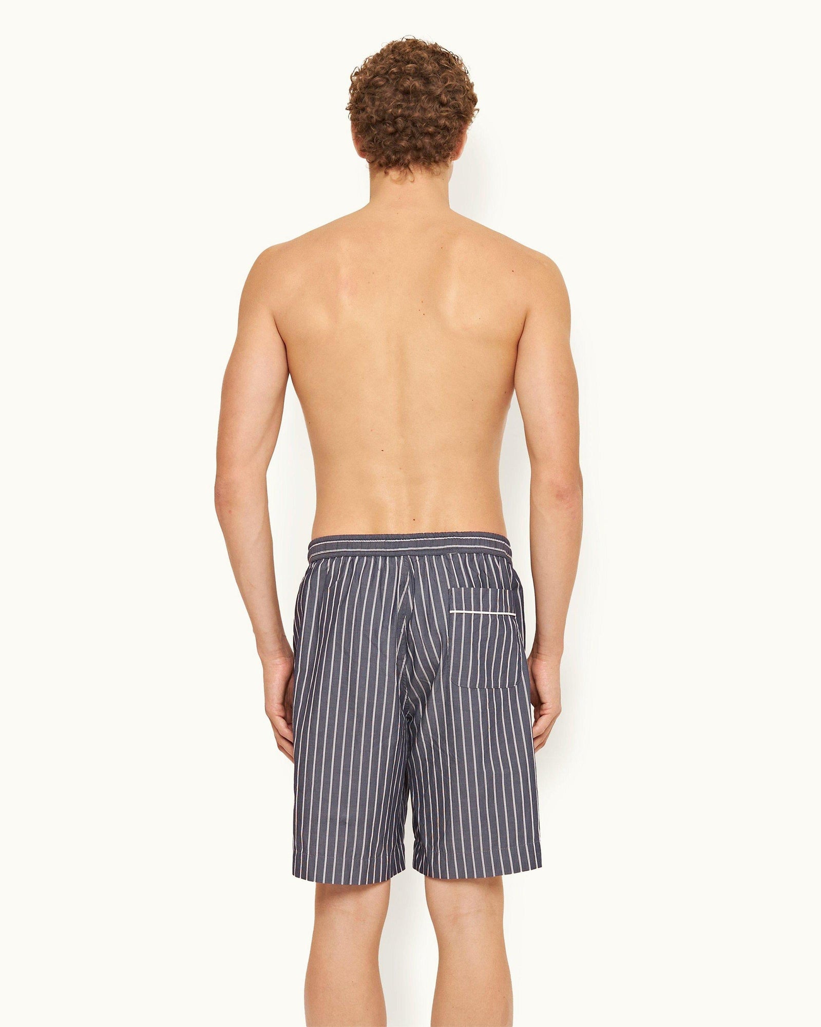 Midnight Navy Pinstripe Relaxed Fit Cotton Lounge Shorts | Midnight Navy