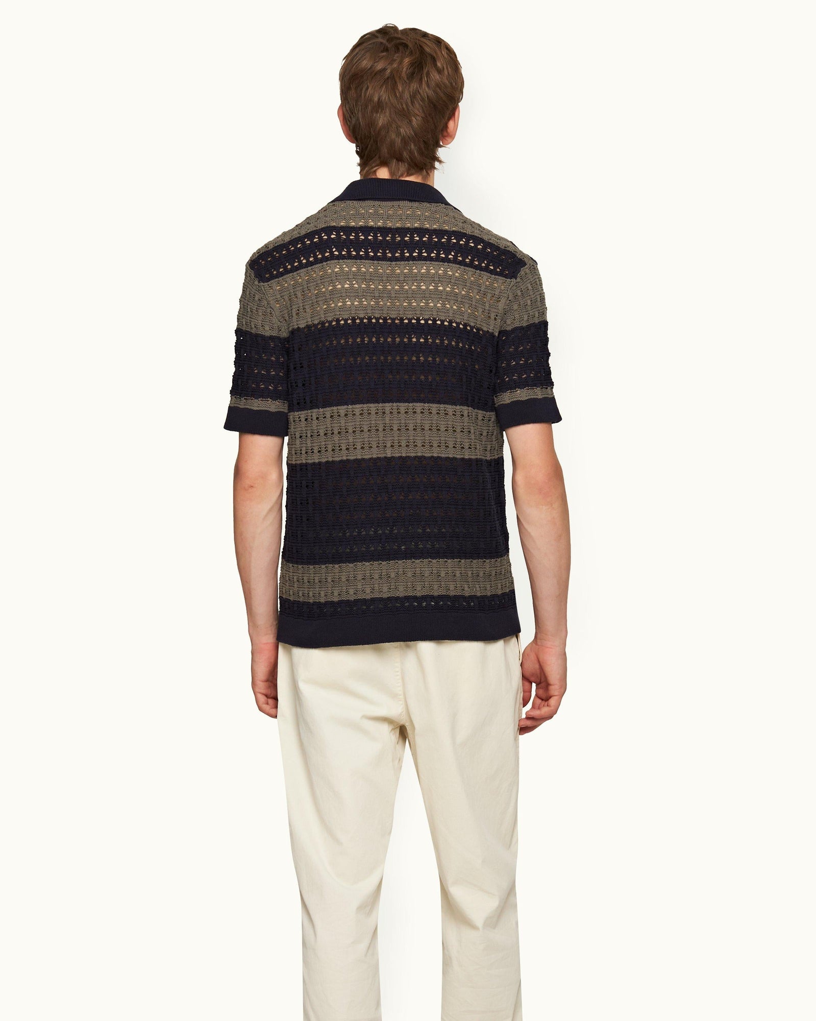 Midnight Navy/Grey Stripe Crochet Knit Shirt | Midnight Navy/Grey