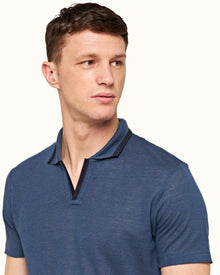 Felix Linen Classic Blue Contrast Resort Collar Linen Polo Shirt | Classic Blue