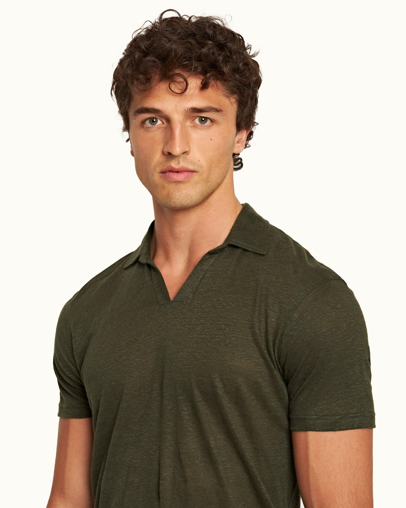 Felix Palm Short Resort Collar Short-Sleeve Linen Polo Shirt | Palm