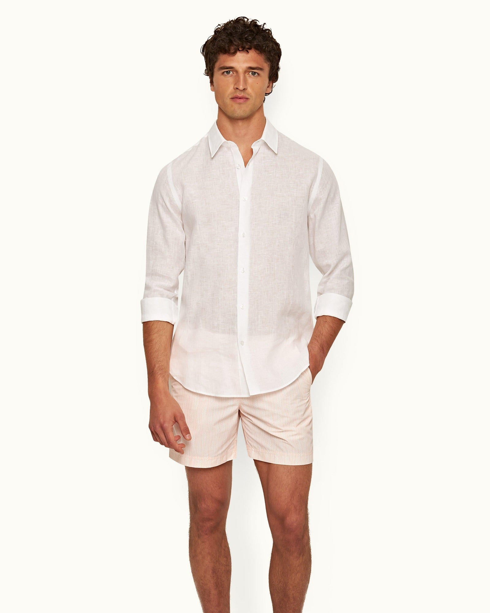 Giles Linen Matchstick/White Tailored Fit Classic Collar Linen Shirt | Matchstick/White