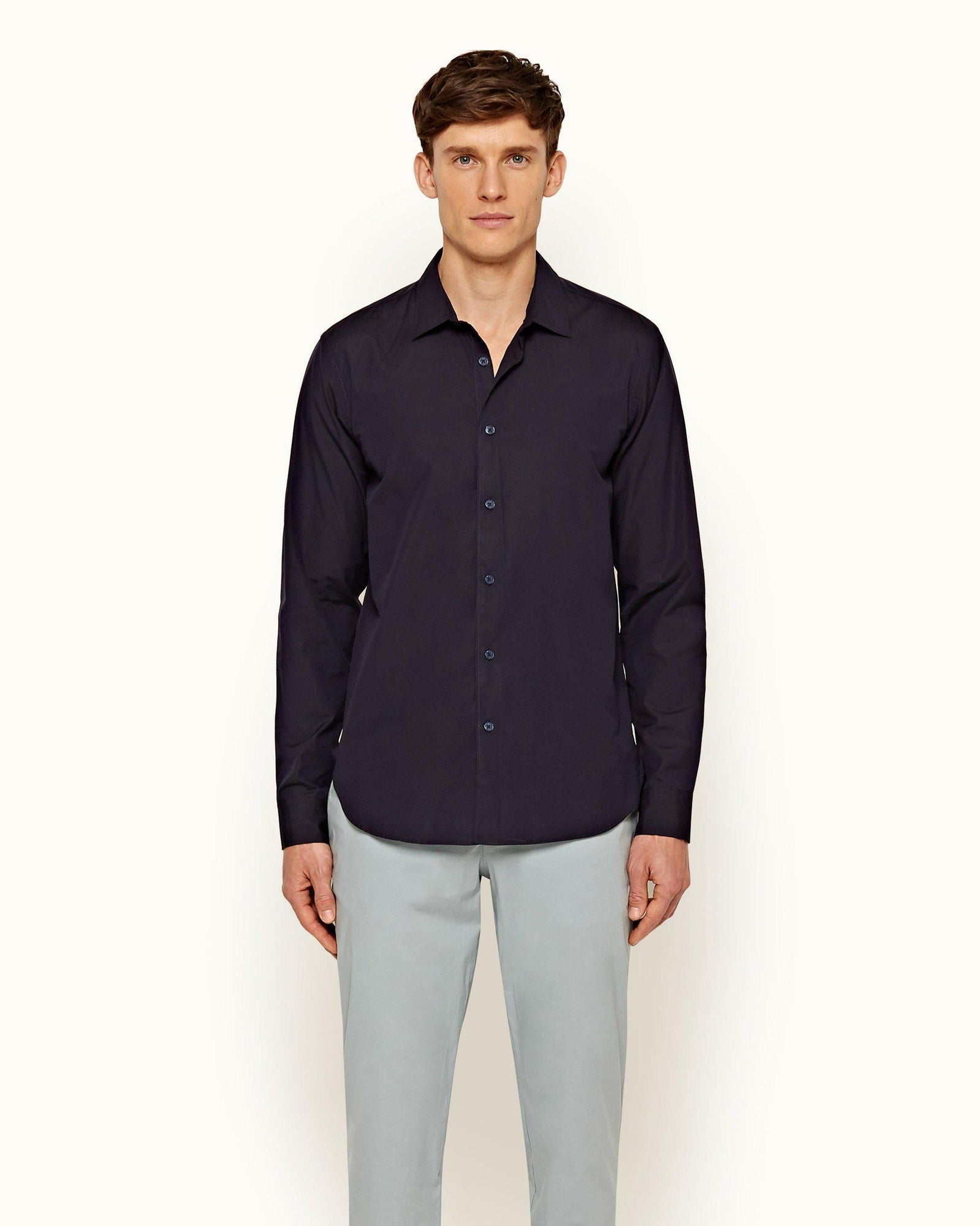 Giles Poplin Navy Classic Collar Tailored Fit Shirt | Navy
