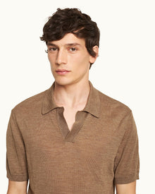Tailored Fit Merino-Silk Knit Polo Shirt In Dark Biscuit Colour | Dark Biscuit