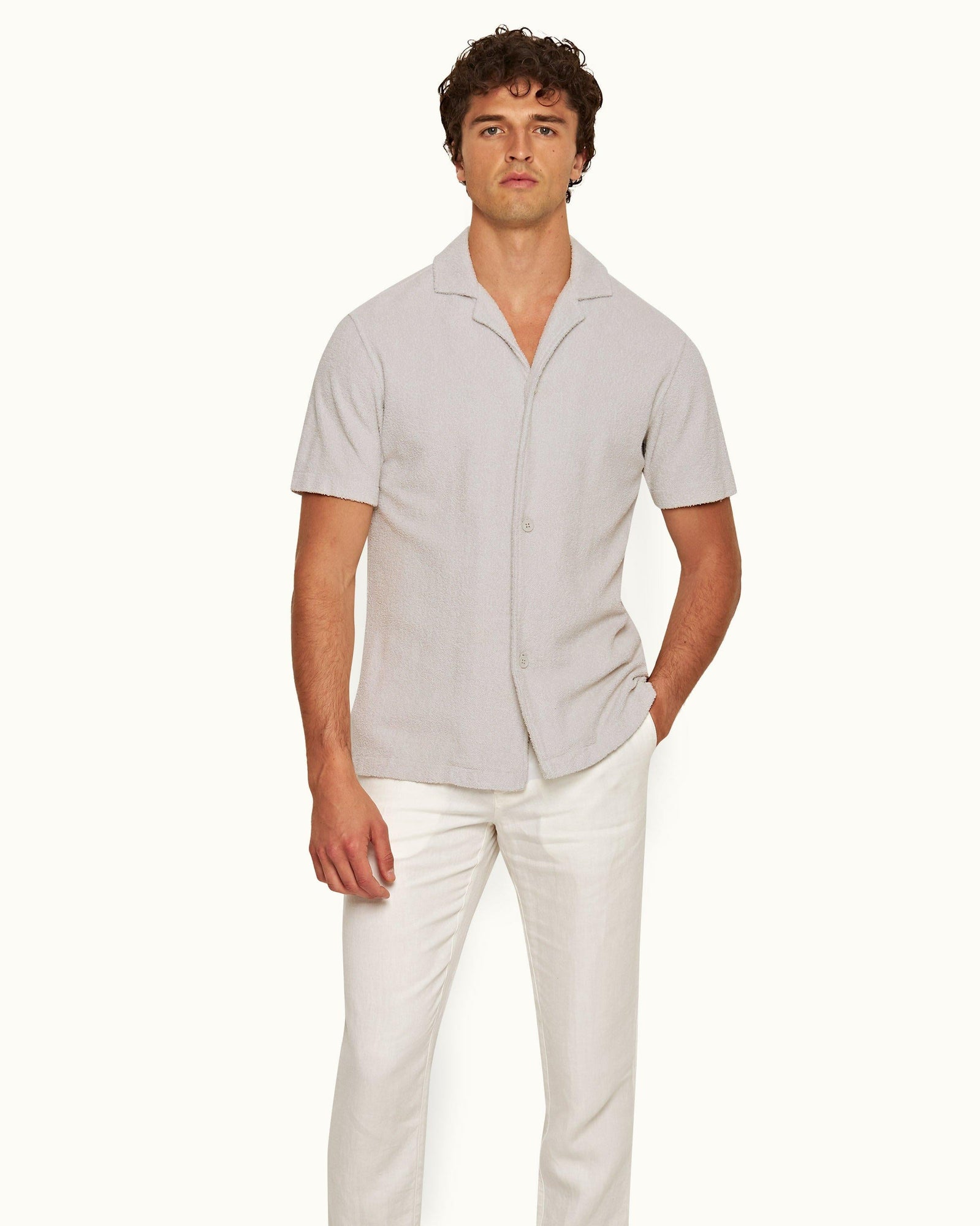 Howell Towelling Cinder Relaxed Fit Capri Collar Short-Sleeve Cotton Shirt | Cinder