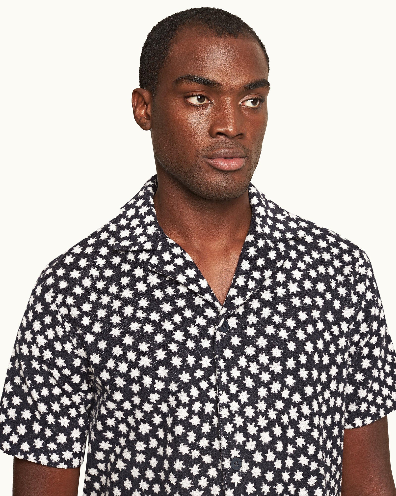 Howell Towelling Star Jacquard Relaxed Fit Capri Collar Cotton Towelling Shirt In Night Iris Blue | Night Iris