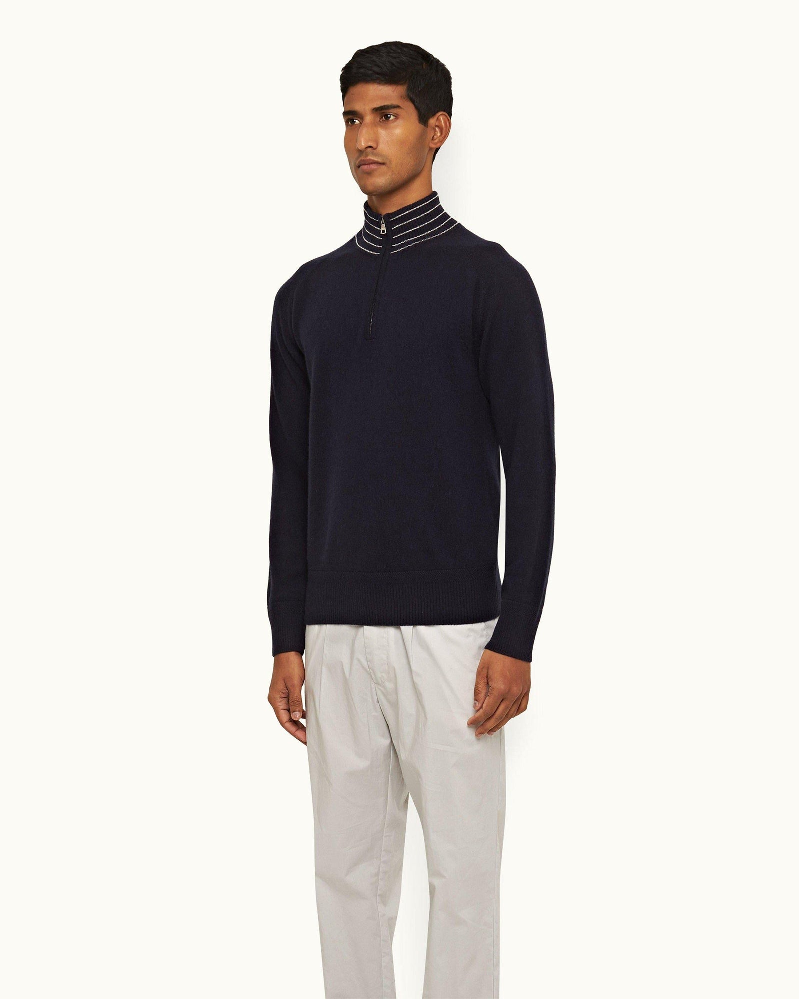 Night Iris/Sea Mist Stripe Rib Collar Cashmere Half-Zip Jumper | Night Iris/Sea Mist