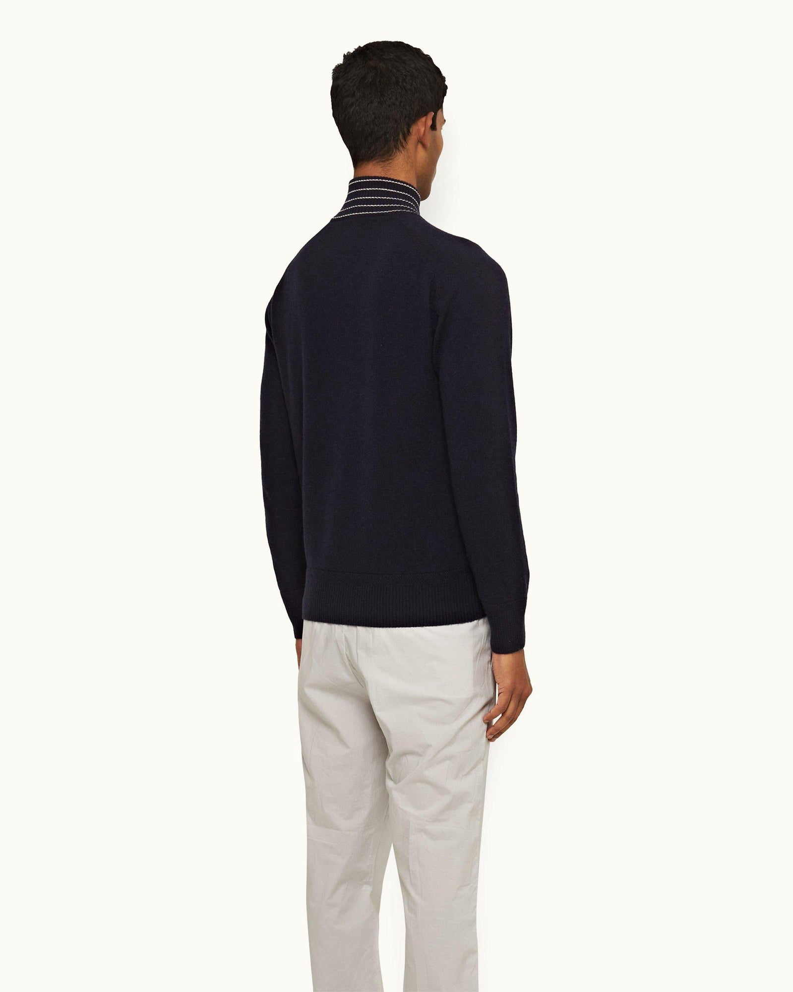 Night Iris/Sea Mist Stripe Rib Collar Cashmere Half-Zip Jumper | Night Iris/Sea Mist