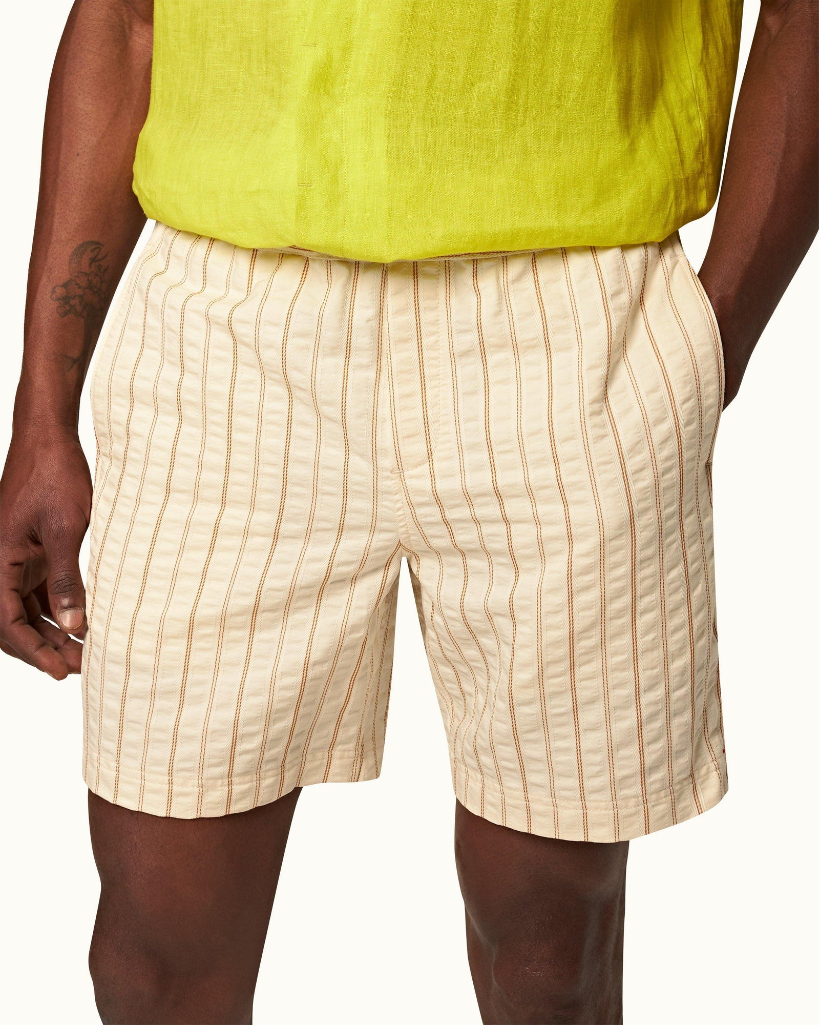 White Sand Relaxed Fit Textured Stripe Drawcord Shorts | White Sand