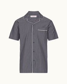 Midnight Navy Pinstripe Relaxed Fit Cotton Lounge Shirt | Midnight Navy