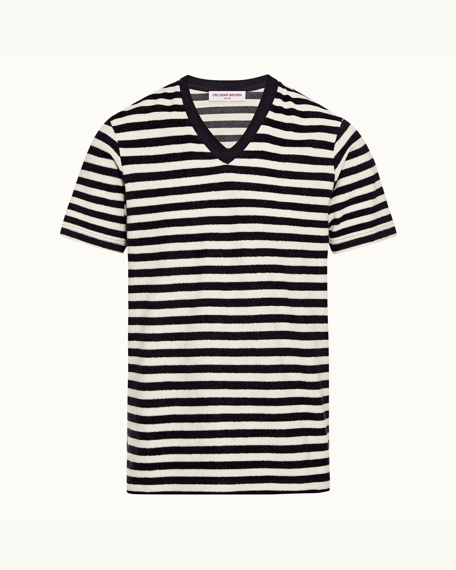 Nicolas Towelling Ink/Cloud Relaxed Fit Towelling Stripe V-Neck T-shirt | Ink/Cloud