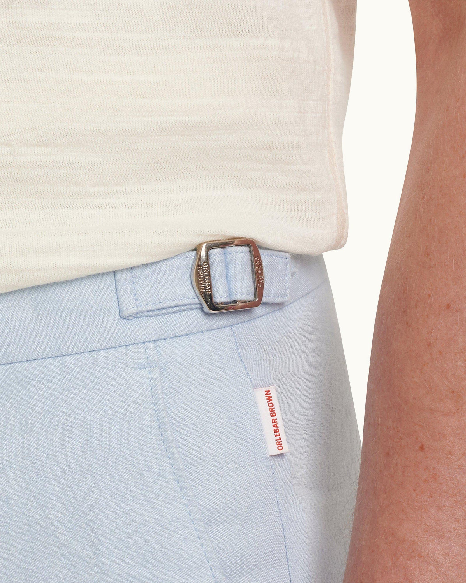 Norwich Linen Ice Blue Tailored Fit O.B Stripe Linen Shorts | Ice Blue