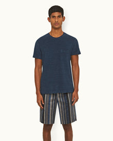 Indigo Rib Collar Classic Fit Cotton Towelling T-shirt | Indigo