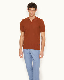 Roddy Tailored Fit Waffle Mesh Stitch Polo Shirt Knitted In Italy in Cinnamon Coffee colour | Cinnamon Coffee