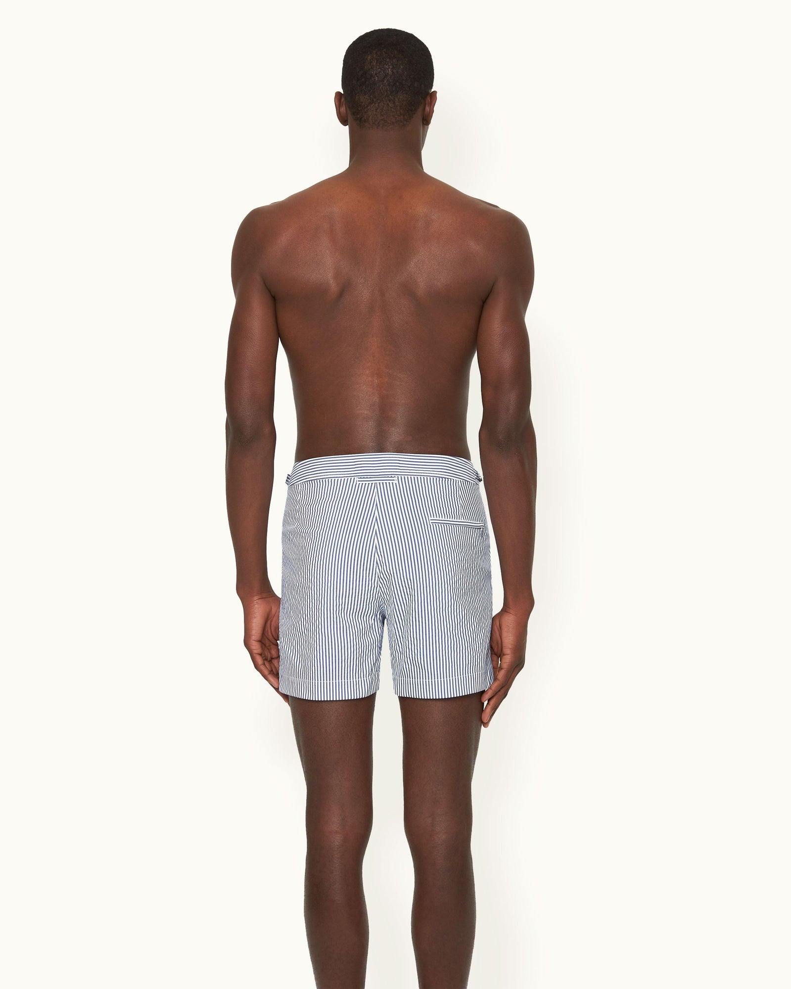 Setter Seersucker Shorter-Length Swim Shorts Woven In Italy in Blueberry/White Stripe | Blueberry/White Stripe