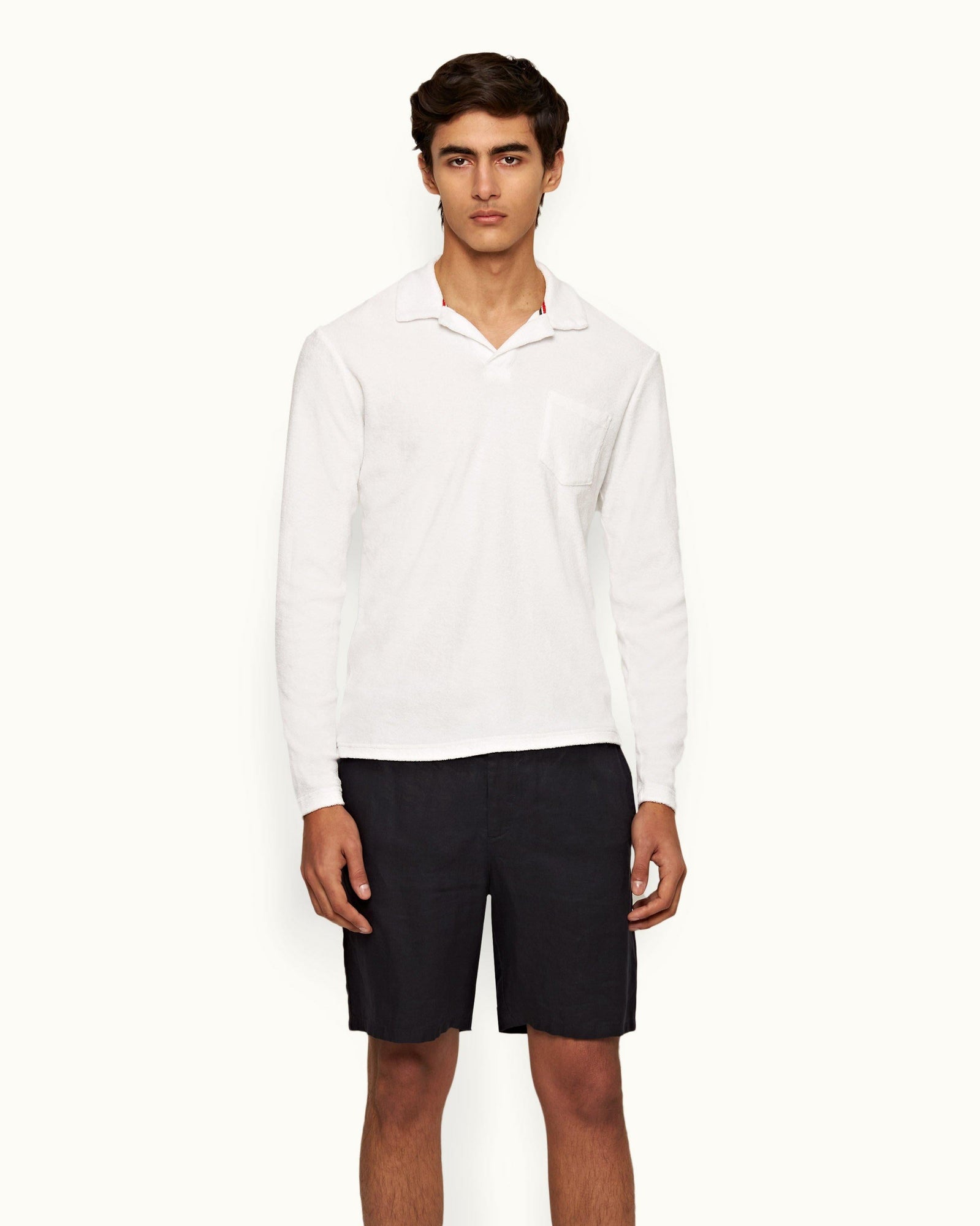 White O.B Stripe Tailored Fit Long-Sleeve Towelling Resort Polo Shirt | White