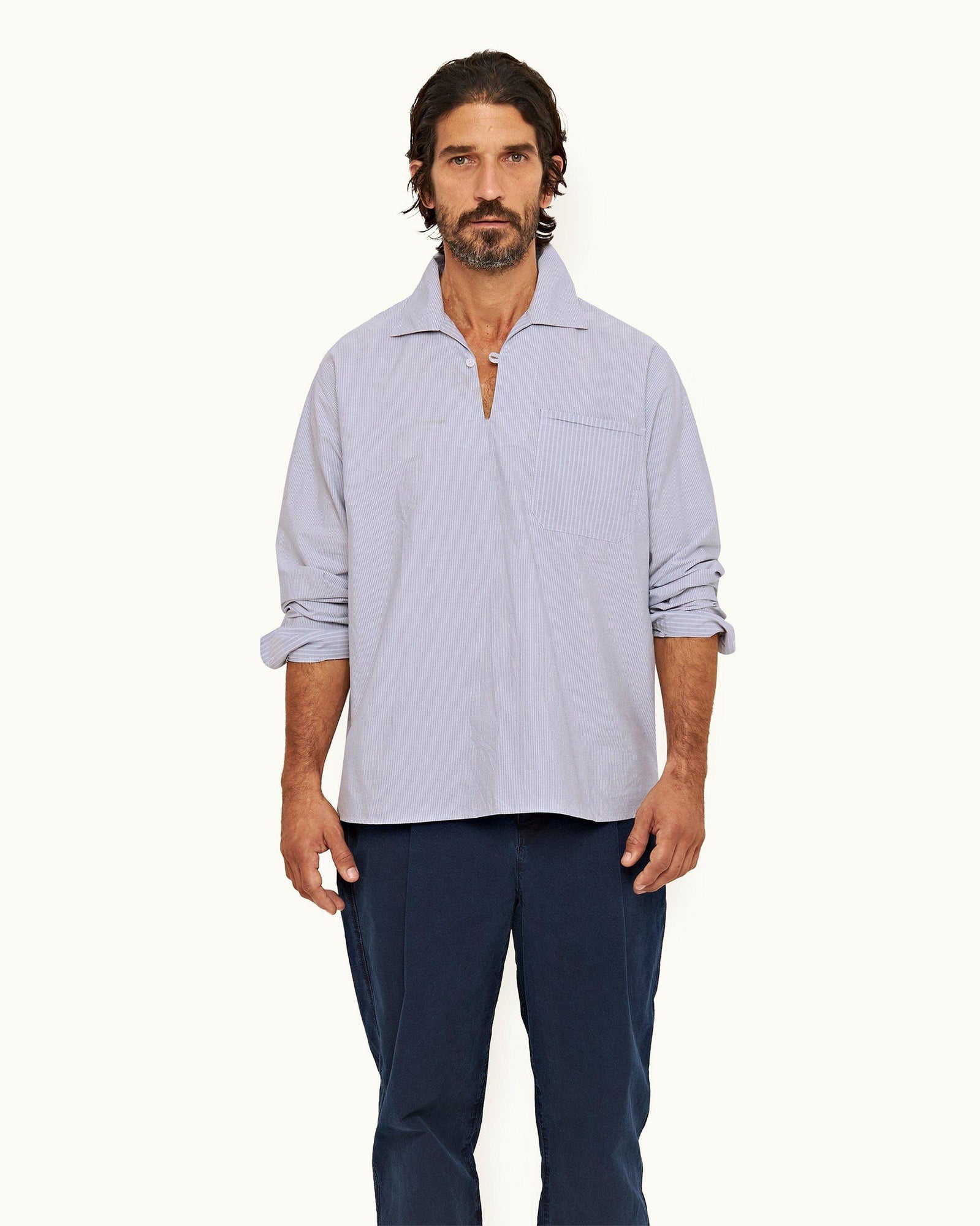 Signal Blue/White Mix Stripe Easy Fit Cotton Overhead Shirt | Signal Blue/White