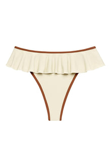 Cream bikini bottom with terracotta binding and pleated ruffle across the front waistband.