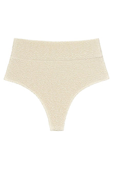 Oat-colored textured bikini bottom with high-rise waistband and full coverage design.