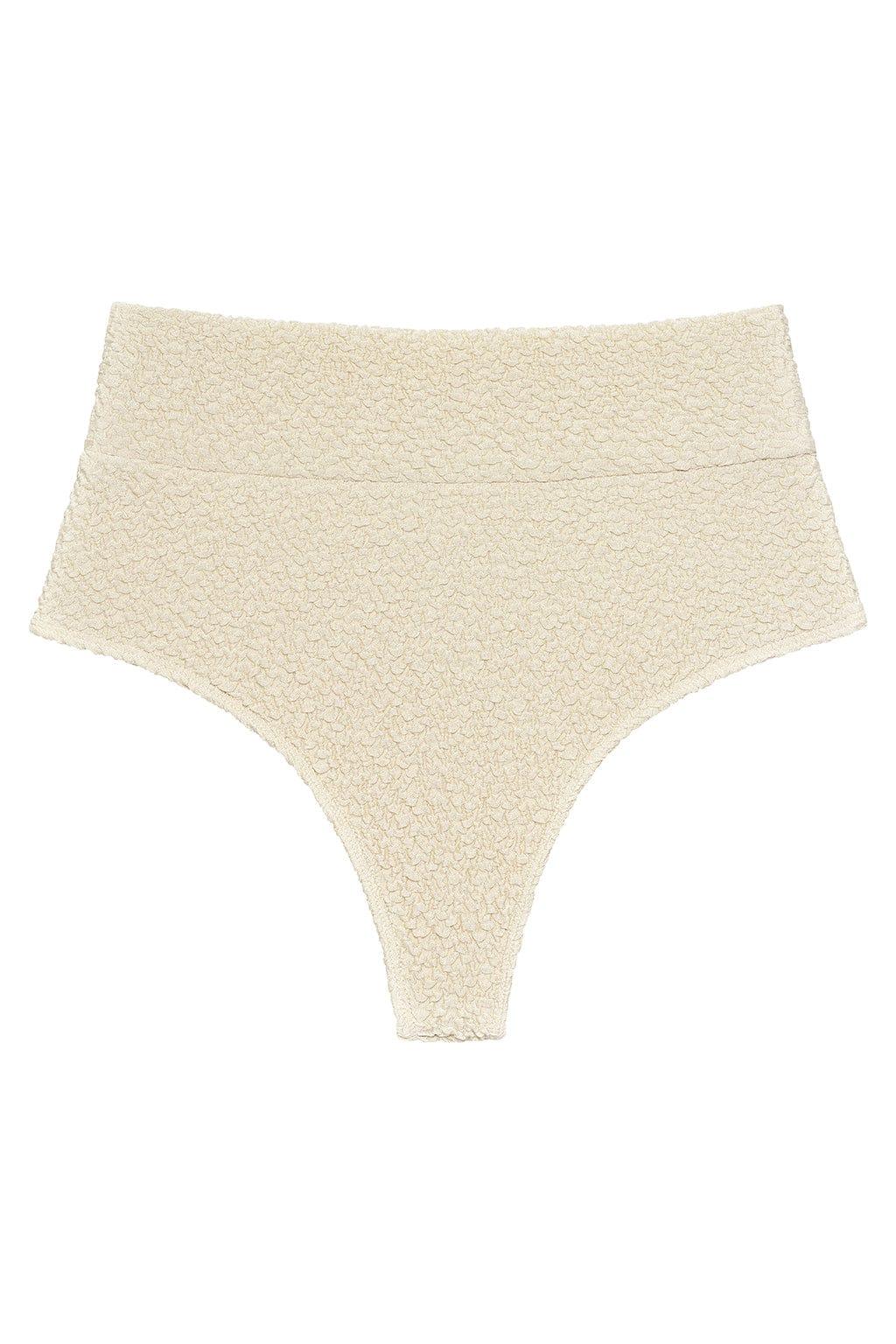 Oat-colored textured bikini bottom with high-rise waistband and full coverage design.