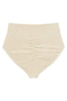 Oat-colored textured bikini bottom with high-rise waistband and full coverage design.