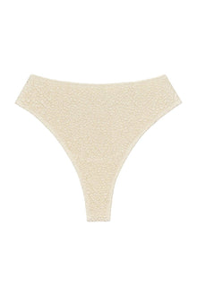 Oat-colored bikini bottom with textured fabric and high-cut thong design.