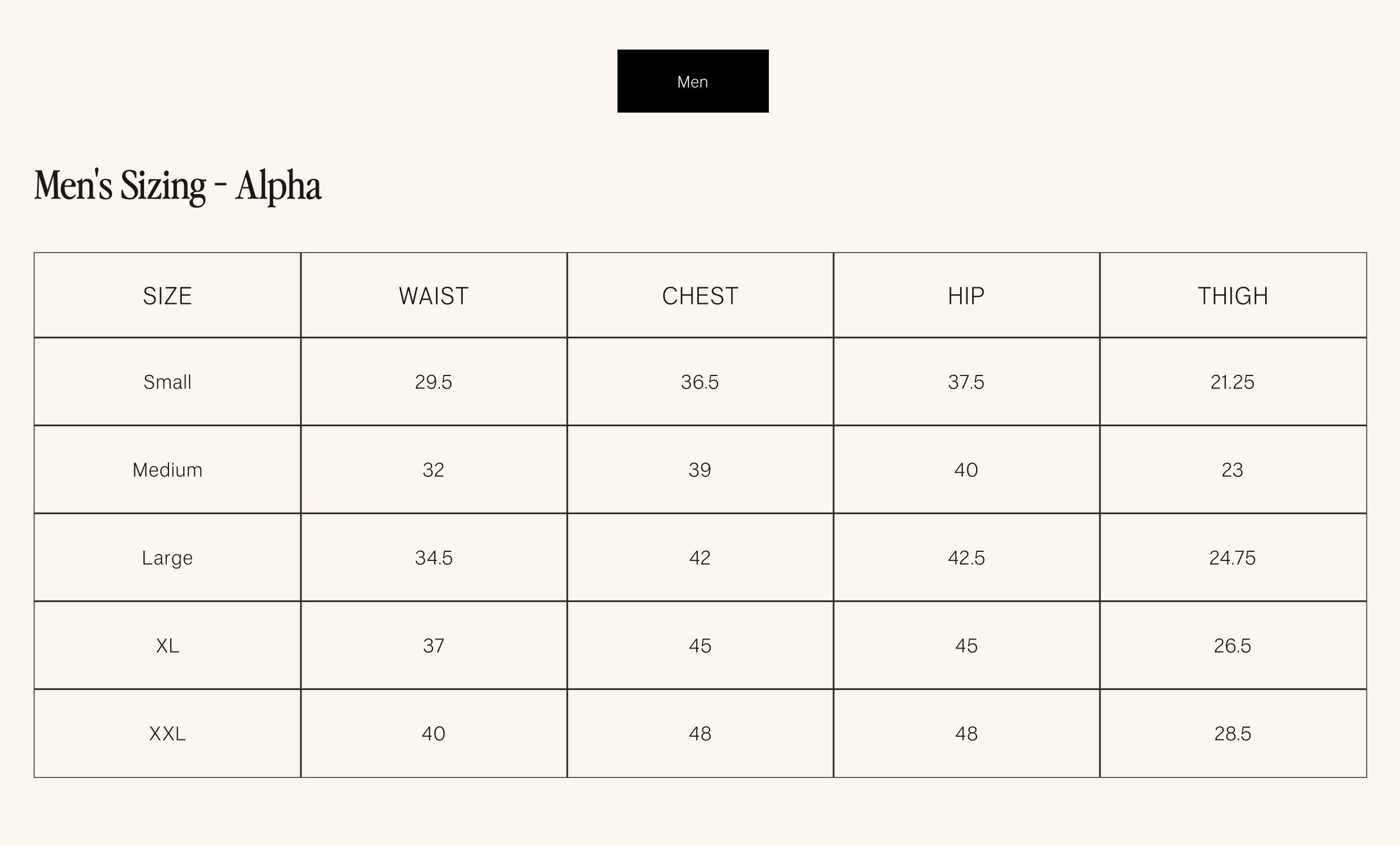 Product size guide