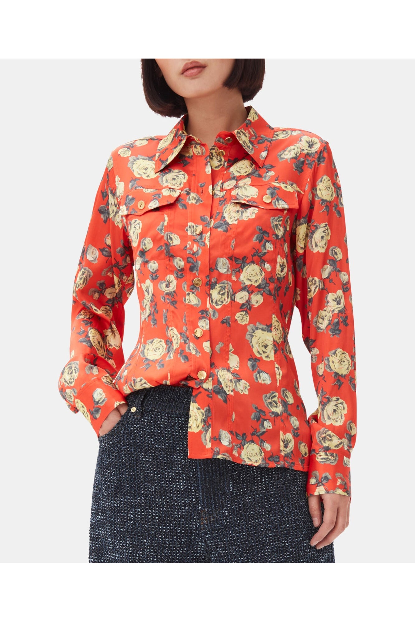 Orange Floral Printed Satin Shirt | Poinciana
