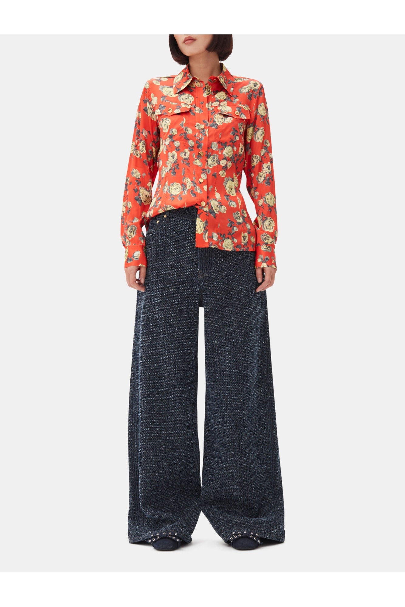 Orange Floral Printed Satin Shirt | Poinciana