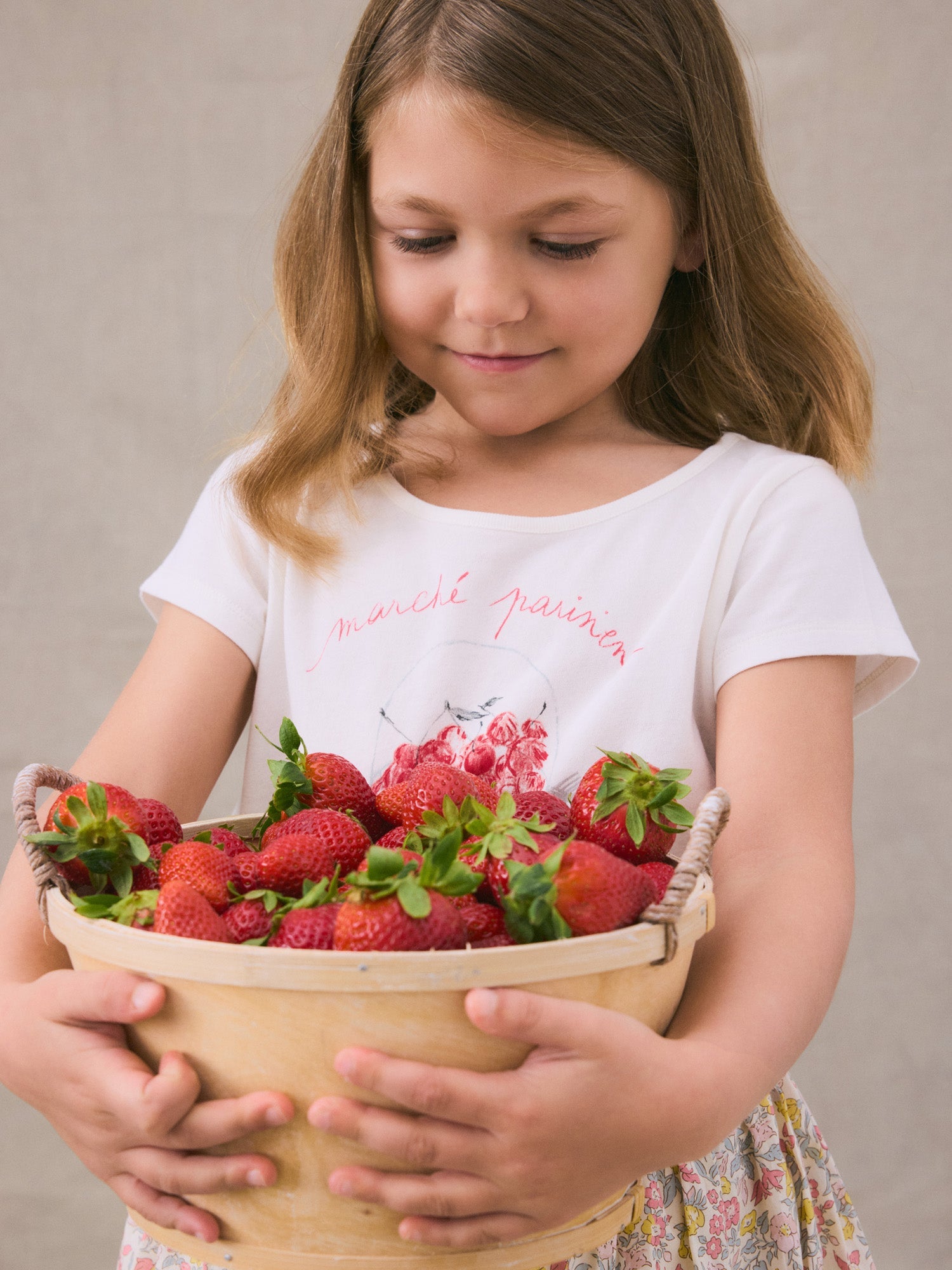 Girl | Alcala Cherry Basket Pattern T Shirt | White Milk