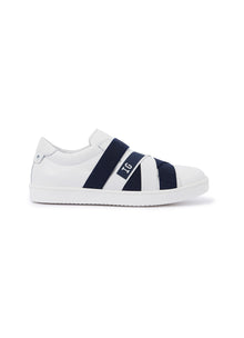 Leather Sneakers with Stripe Motifs | White/Blue