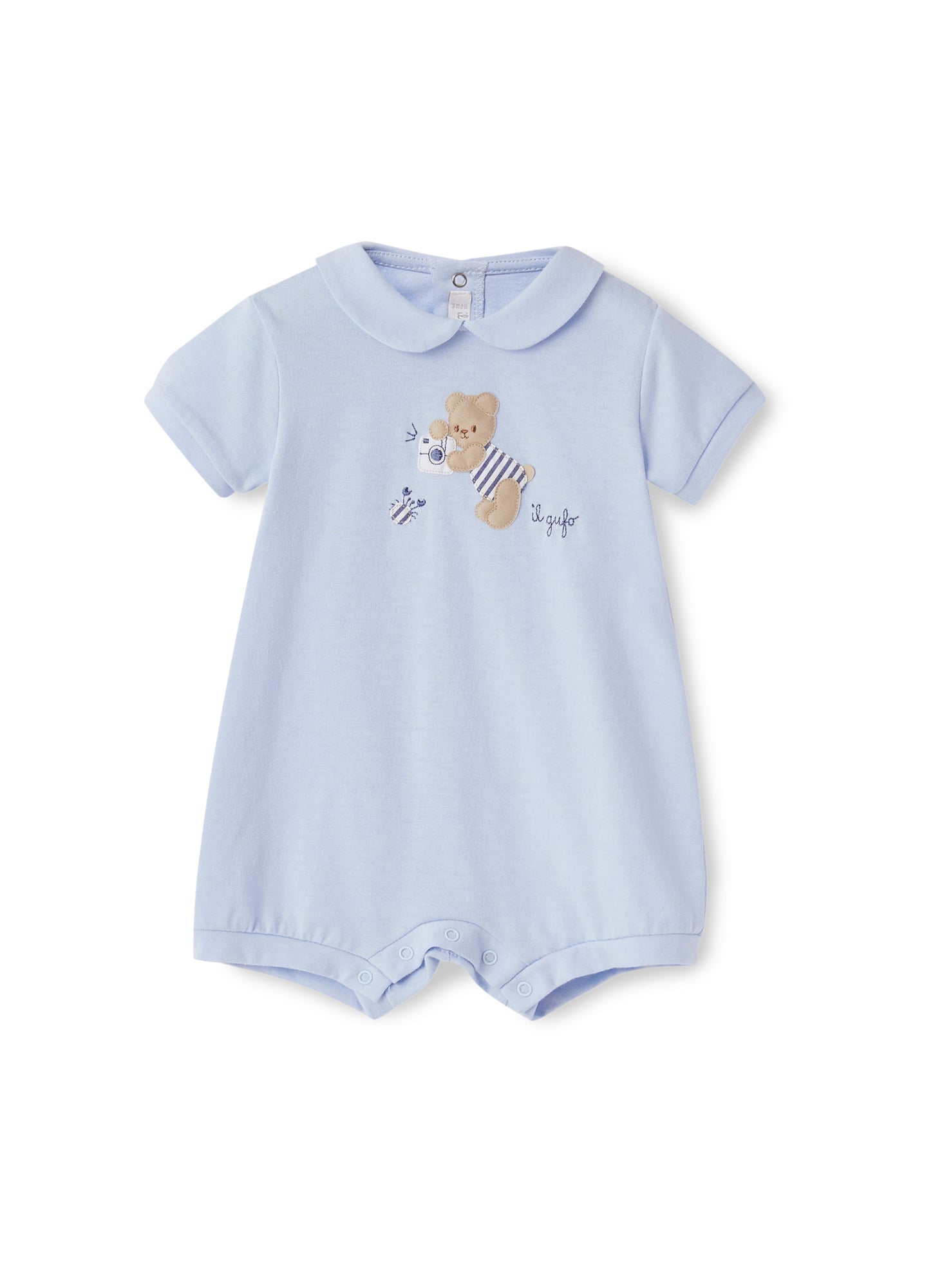 Romper with Teddy Bear | Celeste/Blue Denim