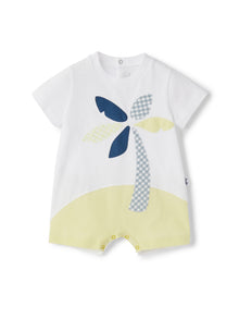 Bi-Color Romper with Palm Tree Application | White/Chick Yellow