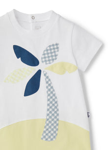 Bi-Color Romper with Palm Tree Application | White/Chick Yellow