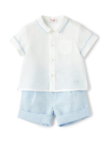 100% Linen Two-Piece Suit | White/Powder Blue