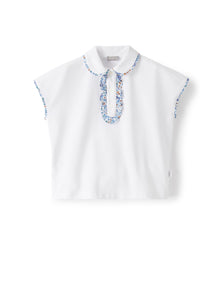 Polo Shirt with Liberty Fabrics Trim | White/Airforce Blue