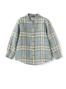 Mandarin-Collar Shirt in Madras-Patterned Linen  | Powder Blue