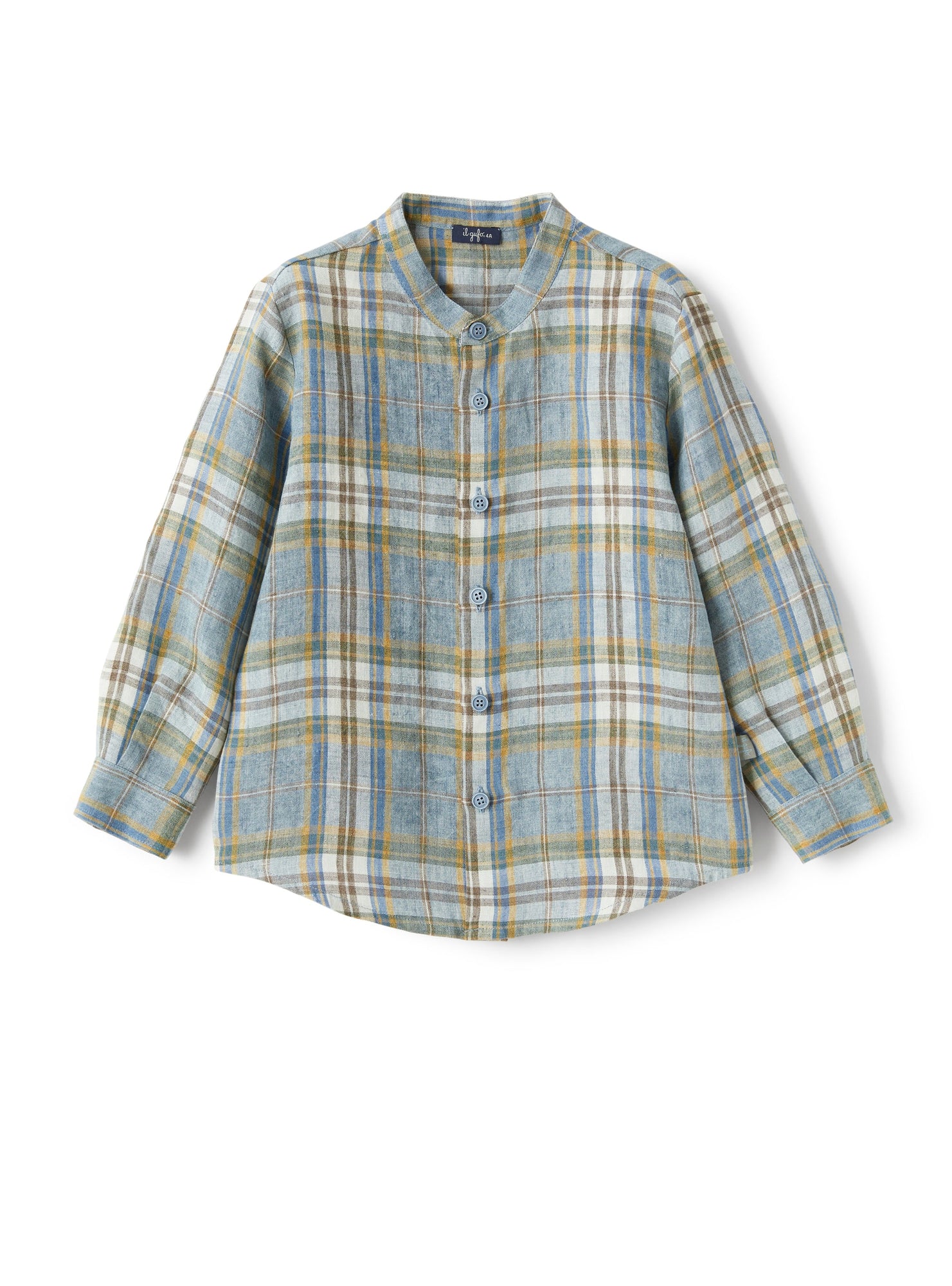 Mandarin-Collar Shirt in Madras-Patterned Linen  | Powder Blue