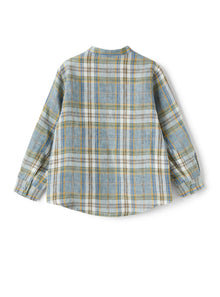Mandarin-Collar Shirt in Madras-Patterned Linen  | Powder Blue