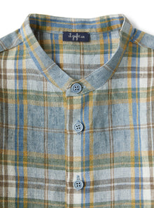 Mandarin-Collar Shirt in Madras-Patterned Linen  | Powder Blue