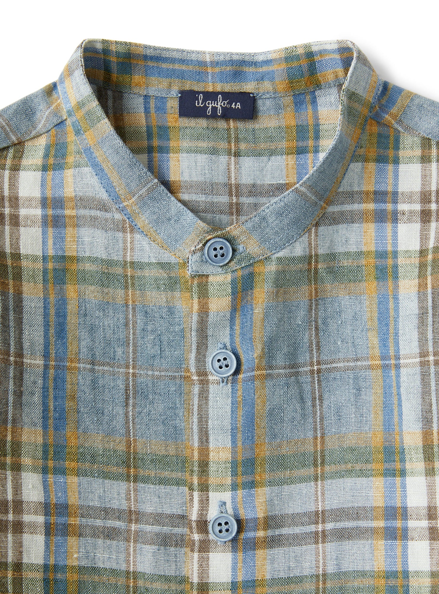 Mandarin-Collar Shirt in Madras-Patterned Linen  | Powder Blue