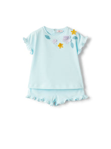 Two-Piece Set For Baby Girls in Jersey with Appliqued Flowers | Acqua/Lilla