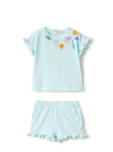Two-Piece Set For Baby Girls in Jersey with Appliqued Flowers | Acqua/Lilla