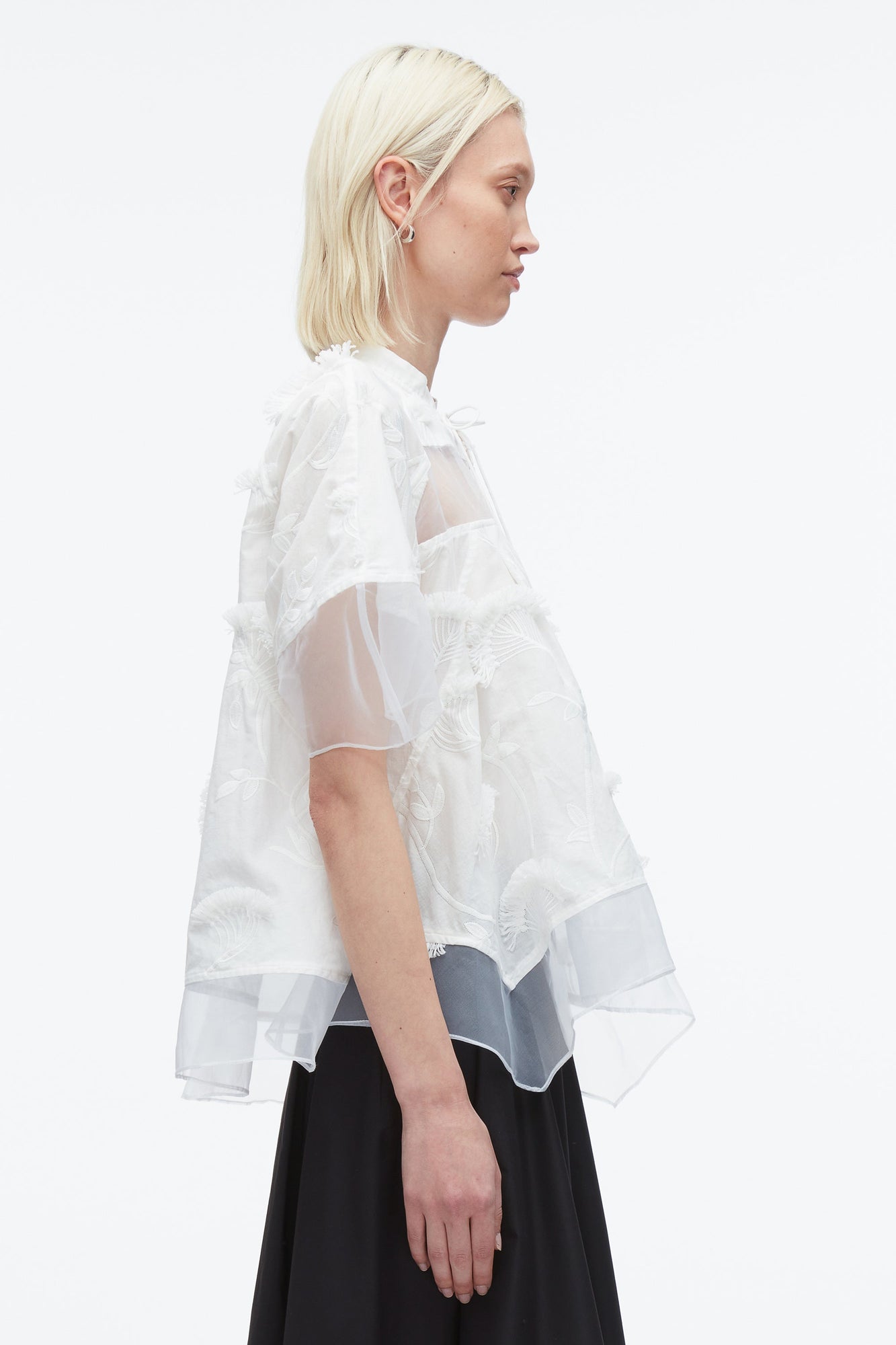 Embroidery Voile Top with Organza Combo | White