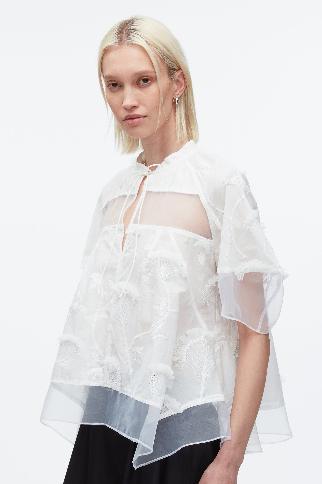 Embroidery Voile Top with Organza Combo | White