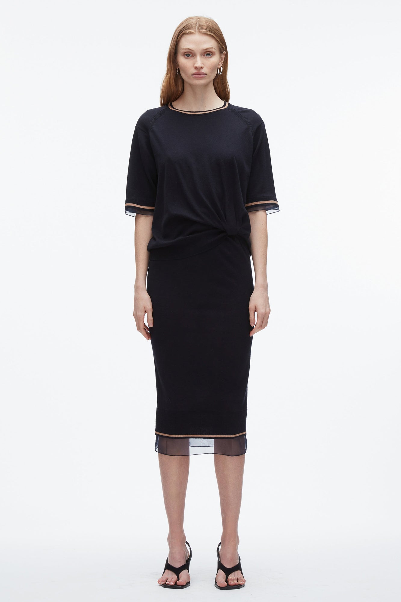 French Tuck Knit Dress with Organza | Navy