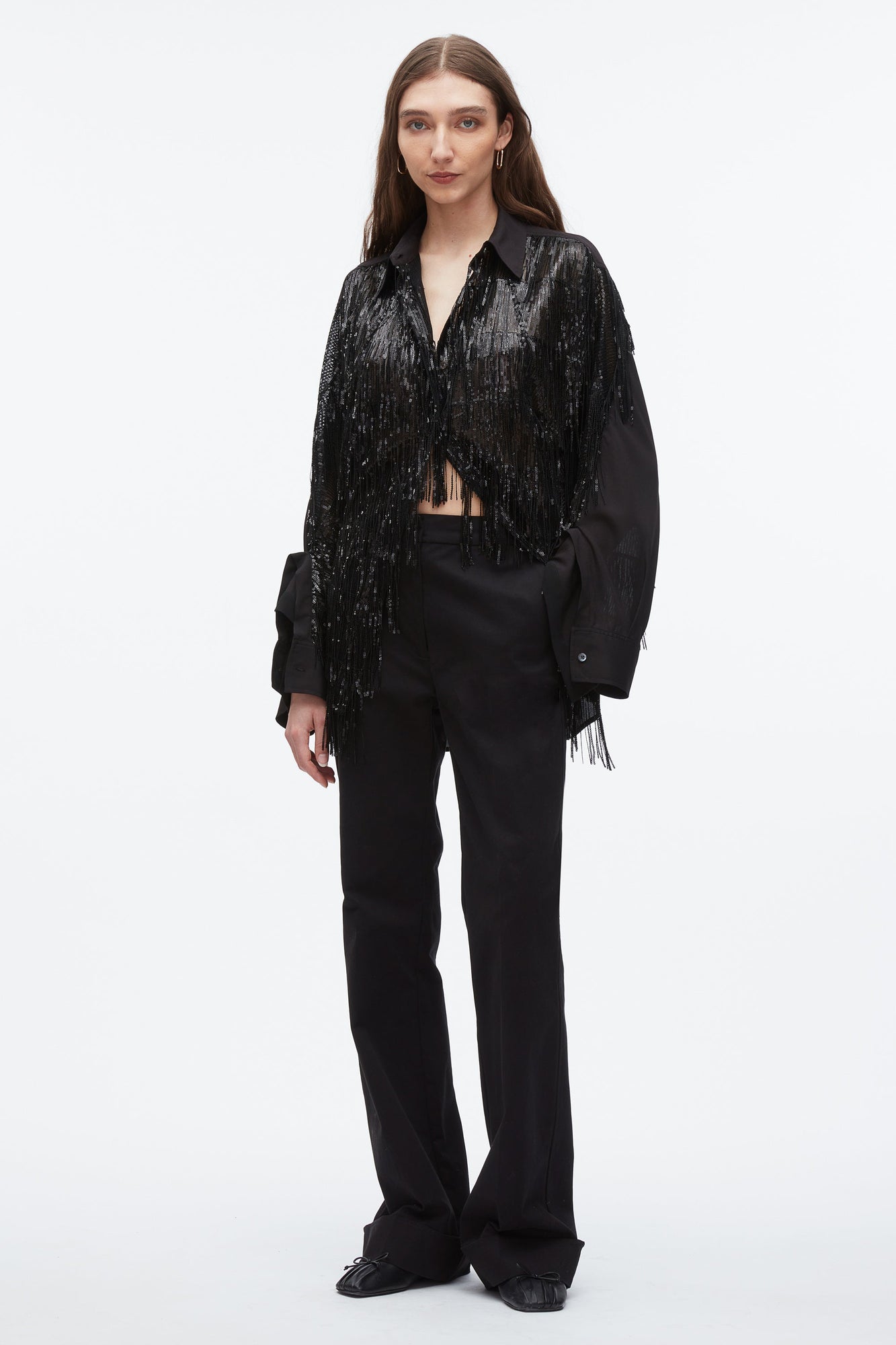 Sequin Fringe Shirt with Cascade Drape | Black
