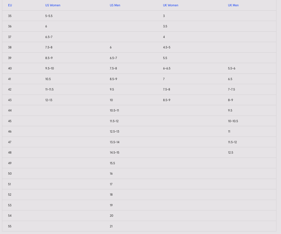 Product size guide